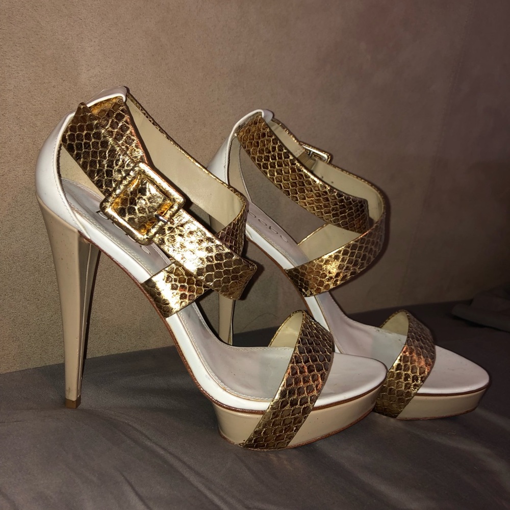 White and gold bebe heeled sandals